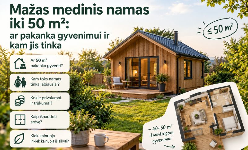 Mažas medinis namas iki 50 m&sup2;: ar pakanka gyvenimui ir kam jis tinka